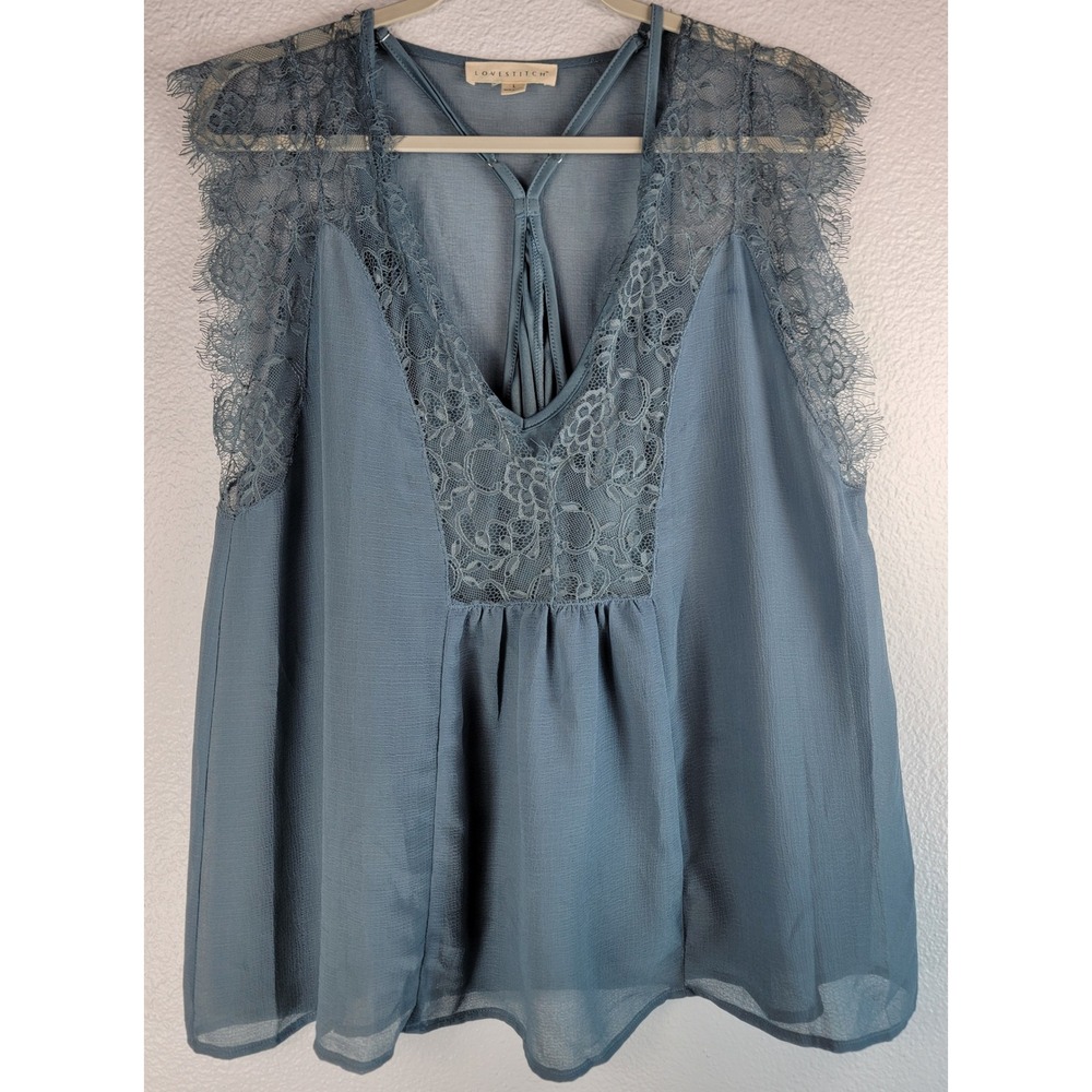 Lovestitch Womens Lrg Lace Trim V-Neck Sleeveless Blue Blouse Fairy Cottagecore